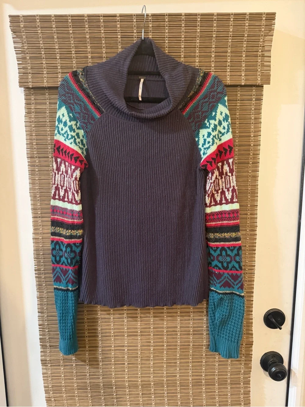 Free People Prism Gray Knit Sweater with Teal Patterned Sleeves - Women